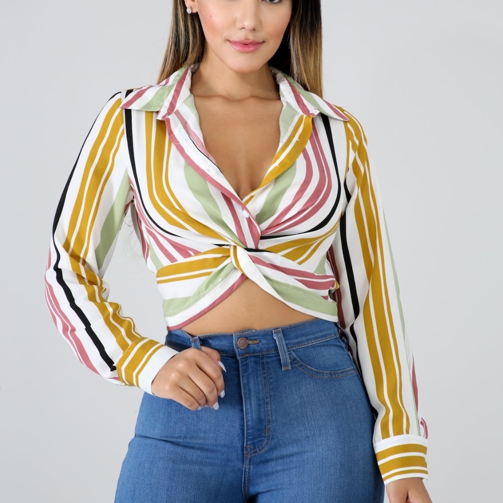 Twist Stripe Long Sleeve Crop Top Mustard